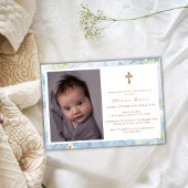 Elegant Blue Agate Foto Gold Cross Boy Taufe Einladung