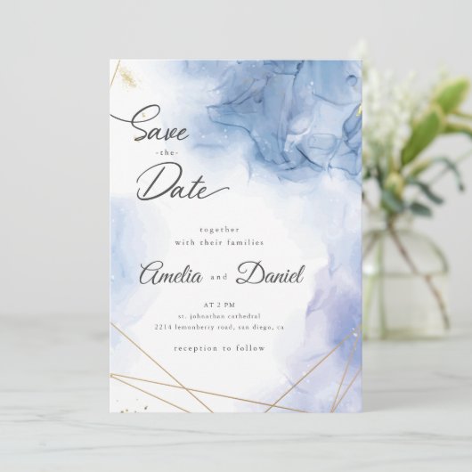 Elegant Blue Agate Hochzeit Speichern Sie das Datu Einladung (Stehend Vorderseite)
