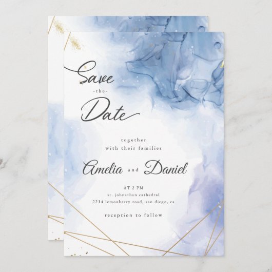 Elegant Blue Agate Hochzeit Speichern Sie das Datu Einladung (Vorne/Hinten)