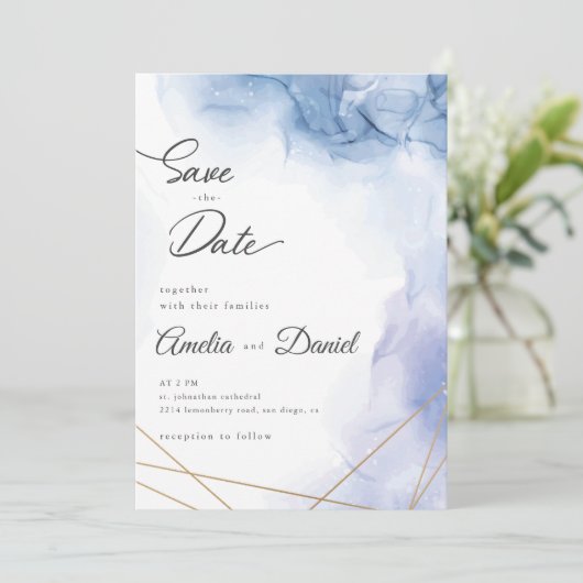 Elegant Blue Agate Hochzeit Speichern Sie das Datu Einladung (Stehend Vorderseite)