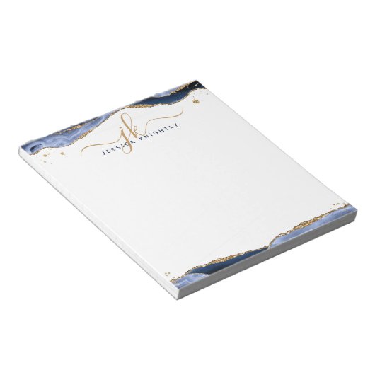Elegant Blue Agate Script Monogram Initials Notizblock (angewinkelt)