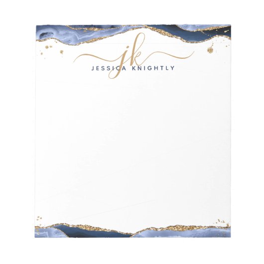 Elegant Blue Agate Script Monogram Initials Notizblock (Vorderseite)