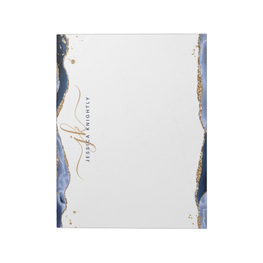 Elegant Blue Agate Script Monogram Initials Notizblock (Rotiert)