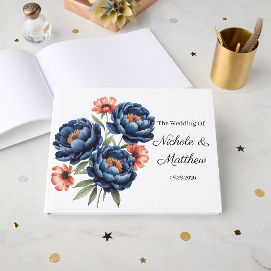 Elegant Blue and Burnt Orange Floral Wedding  Gästebuch (Vorderseite Offen)