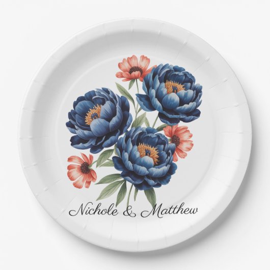 Elegant Blue and Burnt Orange Floral Wedding Pappteller (Vorderseite)