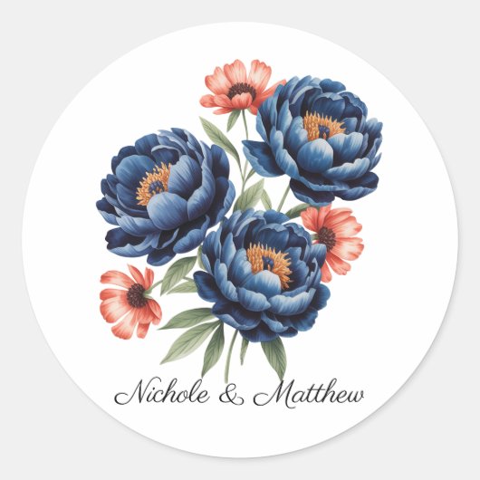 Elegant Blue and Burnt Orange Floral Wedding Runder Aufkleber (Vorderseite)