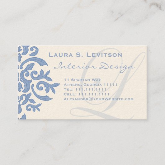 Elegant Blue and Cream Damask Letter L Visitenkarte (Vorderseite)