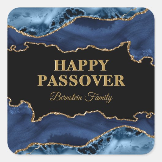 Elegant Blue and Gold Agate Hebrew Happy Passover Quadratischer Aufkleber (Vorderseite)