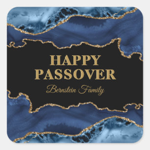 Elegant Blue and Gold Agate Hebrew Happy Passover Quadratischer Aufkleber
