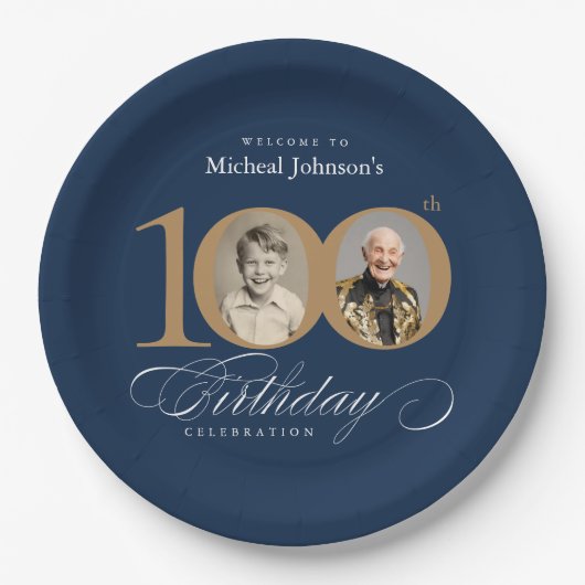 Elegant Blue and Gold Custom Photo 100th Birthday Pappteller (Vorderseite)