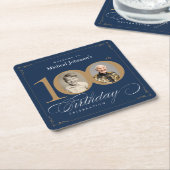 Elegant Blue and Gold Custom Photo 100th Birthday Rechteckiger Pappuntersetzer (angewinkelt)