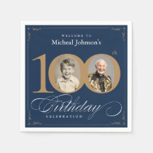 Elegant Blue and Gold Custom Photo 100th Birthday