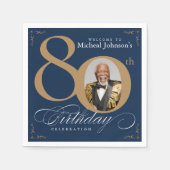 Elegant Blue and Gold Custom Photo 80th Birthday Serviette (Vorderseite)