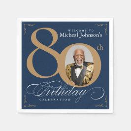 Elegant Blue and Gold Custom Photo 80th Birthday  Serviette