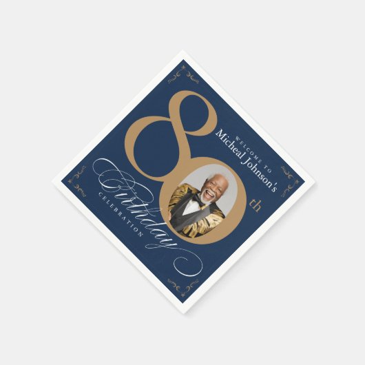 Elegant Blue and Gold Custom Photo 80th Birthday  Serviette (Ecke)