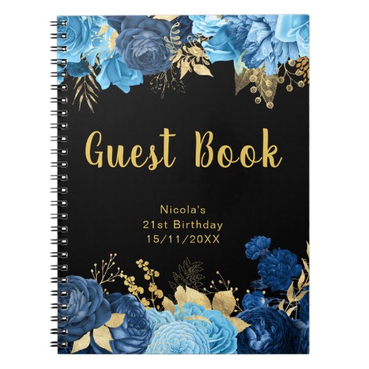 Elegant Blue and Gold Flowers Birthday Guest Book Notizblock (Vorderseite)