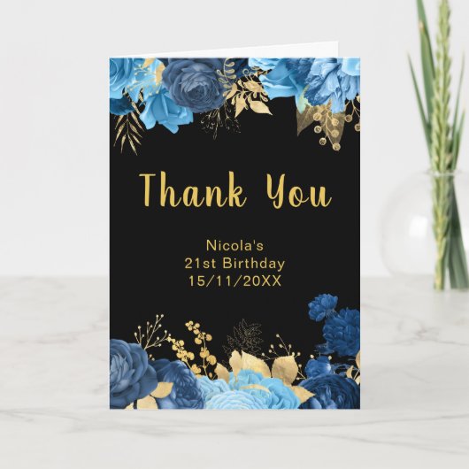 Elegant Blue and Gold Flowers Birthday Party Dankeskarte (Vorderseite)