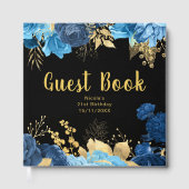 Elegant Blue and Gold Flowers Birthday Party Gästebuch (Vorderseite)