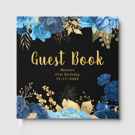 Elegant Blue and Gold Flowers Birthday Party Gästebuch (Vorderseite)