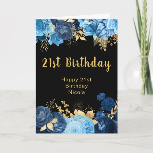 Elegant Blue and Gold Flowers Birthday Party Karte (Vorderseite)