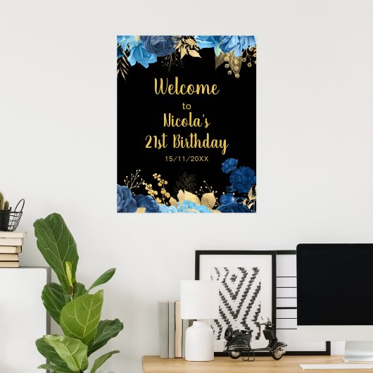 Elegant Blue and Gold Flowers Birthday Party Poster (Heimbüro)