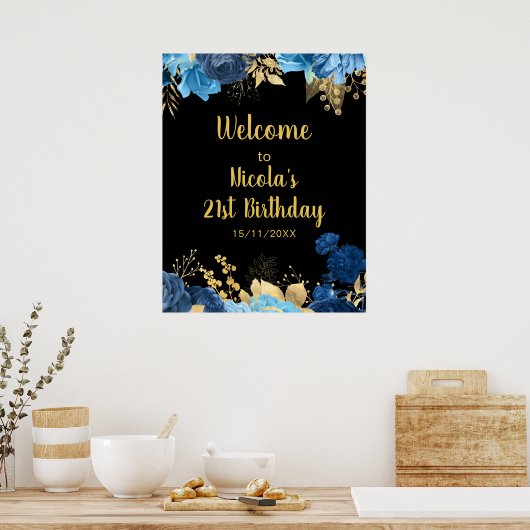 Elegant Blue and Gold Flowers Birthday Party Poster (Küche)
