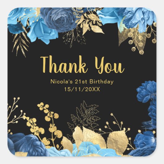Elegant Blue and Gold Flowers Birthday Party Quadratischer Aufkleber (Vorderseite)