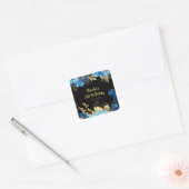 Elegant Blue and Gold Flowers Birthday Party Quadratischer Aufkleber (Umschlag)