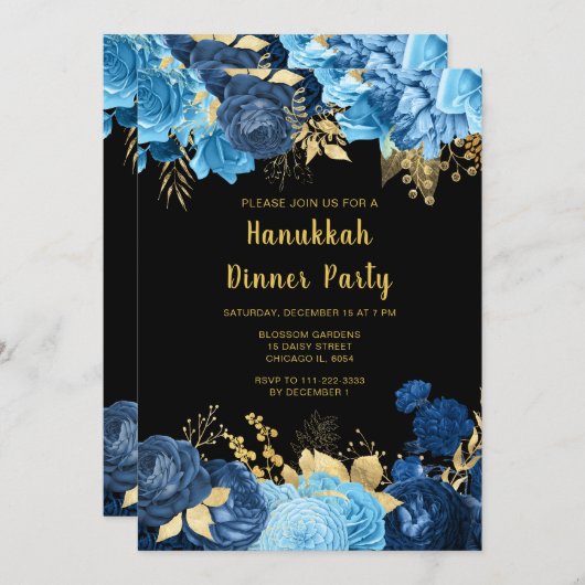 Elegant Blue and Gold Flowers Hanukkah Party Einladung (Vorne/Hinten)