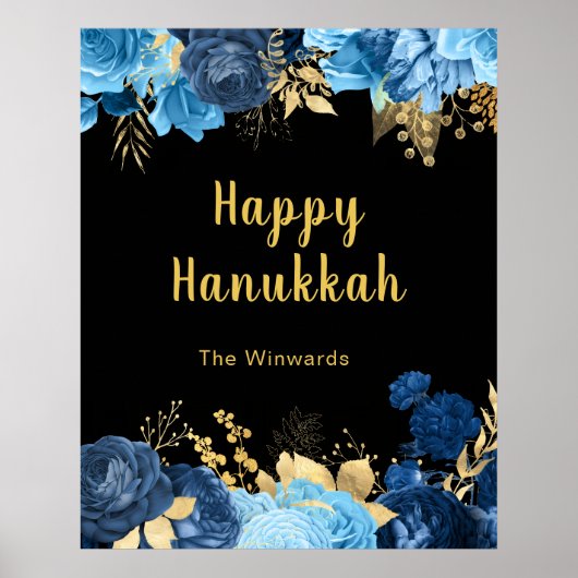 Elegant Blue and Gold Flowers Hanukkah Party Poster (Vorne)