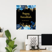 Elegant Blue and Gold Flowers Hanukkah Party Poster (Heimbüro)