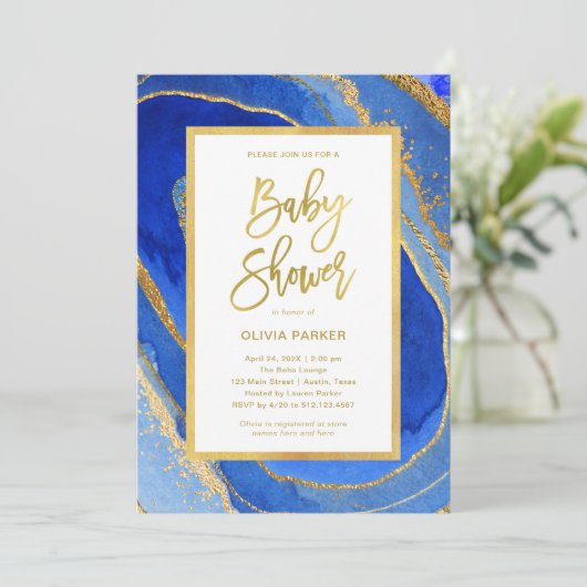Elegant Blue and Gold Geode | Babyparty Einladung (Stehend Vorderseite)