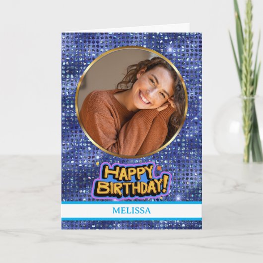 Elegant Blue and Gold Glitter Photo Name Birthday Karte (Vorderseite)