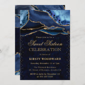 Elegant Blue and Gold Glitzer Agate Sweet 16 Einladung (Vorne/Hinten)