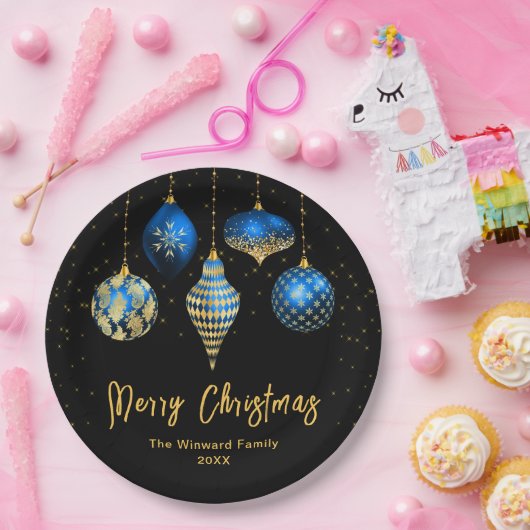 Elegant Blue and Gold Ornament Christmas Pappteller (Party)