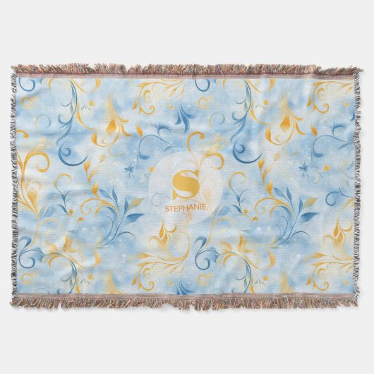 Elegant Blue and Gold Paisley Inspiriert Leaf Decke (Vorderseite)