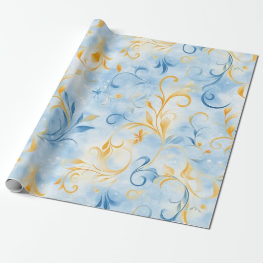 Elegant Blue and Gold Paisley Inspiriert Leaf Geschenkpapier (Ungerollt)