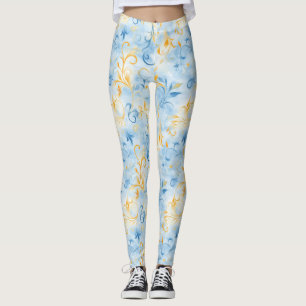 Elegant Blue and Gold Paisley Inspiriert Leaf Leggings