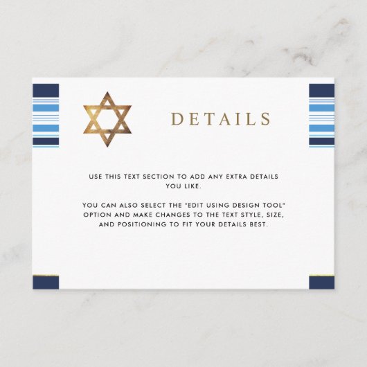 Elegant Blue and Gold Tallit Bar Mitzvah Details Begleitkarte (Vorderseite)