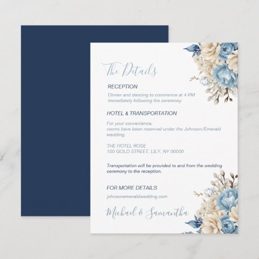 Elegant Blue and Ivory Rose Wedding Begleitkarte (Vorne/Hinten)