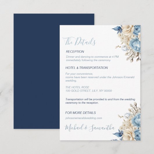 Elegant Blue and Ivory Rose Wedding Begleitkarte (Vorne/Hinten)