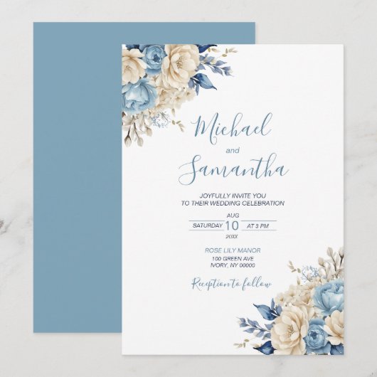 Elegant Blue and Ivory Rose Wedding Einladung (Vorne/Hinten)