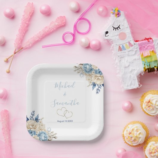 Elegant Blue and Ivory Rose Wedding Pappteller (Party)