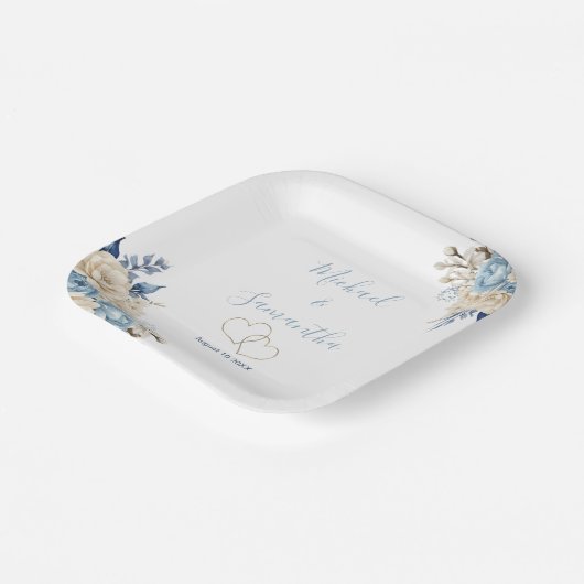 Elegant Blue and Ivory Rose Wedding Pappteller (Gewinkelt)