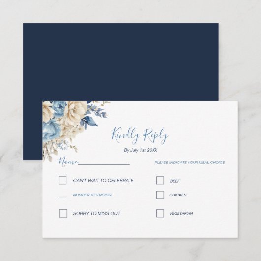 Elegant Blue and Ivory Rose Wedding RSVP Karte (Vorne/Hinten)