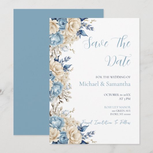 Elegant Blue and Ivory Rose Wedding Save The Date (Vorne/Hinten)