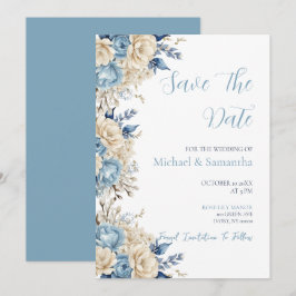 Elegant Blue and Ivory Rose Wedding Save The Date