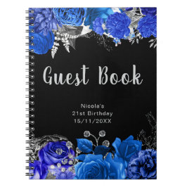 Elegant Blue and Silver Flower Birthday Guest Book Notizblock