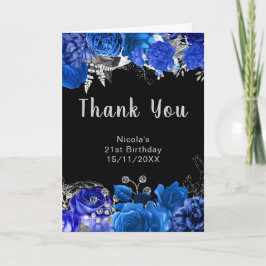 Elegant Blue and Silver Flowers Birthday Party Dankeskarte