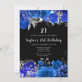 Elegant Blue and Silver Flowers Birthday Party Einladung